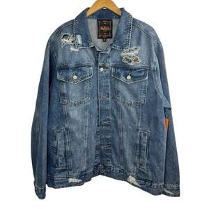 Von Dutch Men's Denim Jacket XL Blue Distressed Holes Ripped Grunge NWT Trucker
